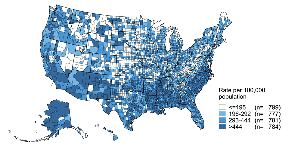 Figure 4. United States map showing rates of reported cases of chlamydia in 2015 by county. Data for top 70 counties and independent cities ranked by number of reported cases and then by rate provided in table 9