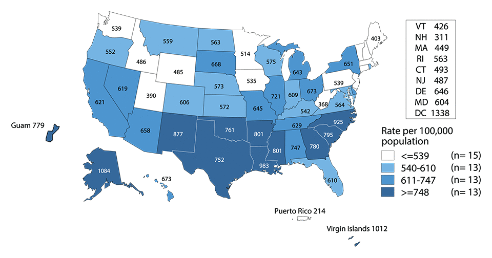 Figure A. United States map showing rates of reported cases of chlamydia among women in 2015 by state and outlying areas (Guam, Puerto Rico, and Virgin Islands). Data provided in table 4.