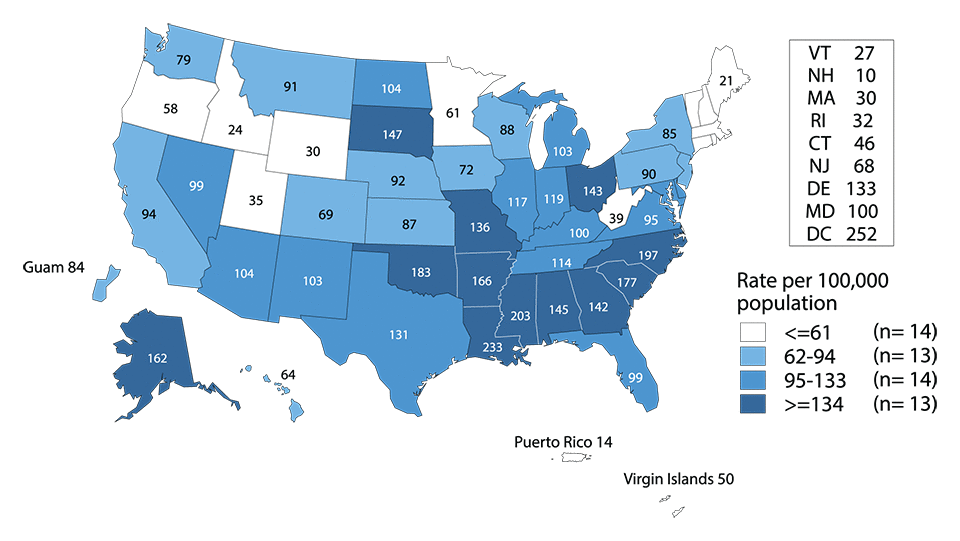 Figure B. United States map showing rates of reported cases of gonorrhea among women in 2015 by state and outlying areas (Guam, Puerto Rico, and Virgin Islands). Data provided in table 15.