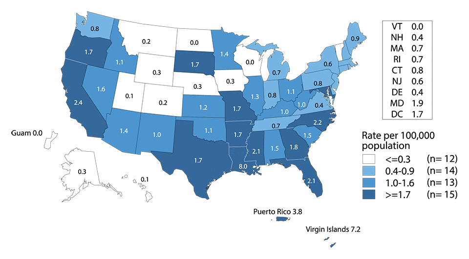 Figure C. United States map showing rates of reported cases of primary and secondary syphilis among women in 2015 by state and outlying areas (Guam, Puerto Rico, and Virgin Islands). Data provided in table 28.