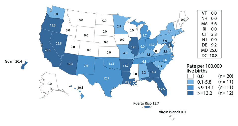 Figure D. United States map showing rates of reported cases of congenital syphilis among infants in 2015 by state and outlying areas (Guam, Puerto Rico, and Virgin Islands). Data provided in table 41.