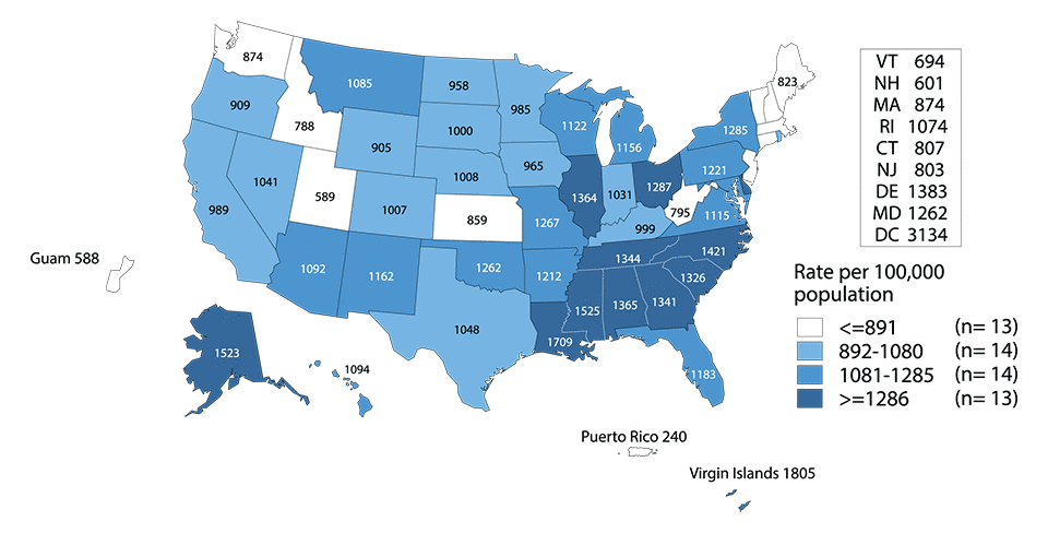 Figure I. United States map showing rates of reported cases of chlamydia among men aged 15 to 24 years in 2015 by state and outlying areas (Guam, Puerto Rico, and Virgin Islands).