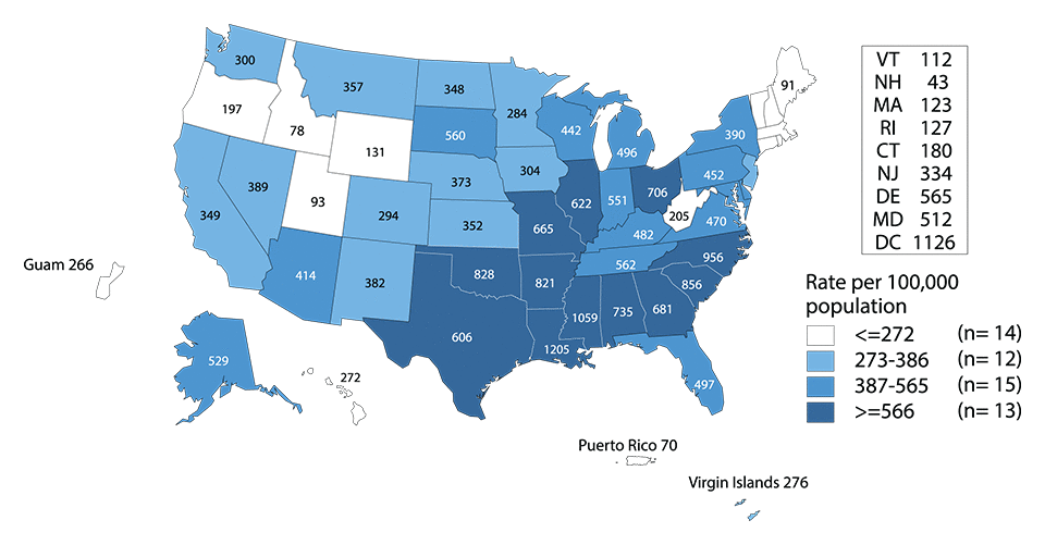 Figure J. United States map showing rates of reported cases of gonorrhea among women aged 15 to 24 years in 2015 by state and outlying areas (Guam, Puerto Rico, and Virgin Islands).