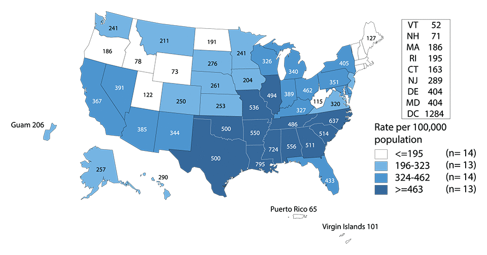 Figure K. United States map showing rates of reported cases of gonorrhea among men aged 15 to 24 years in 2015 by state and outlying areas (Guam, Puerto Rico, and Virgin Islands).