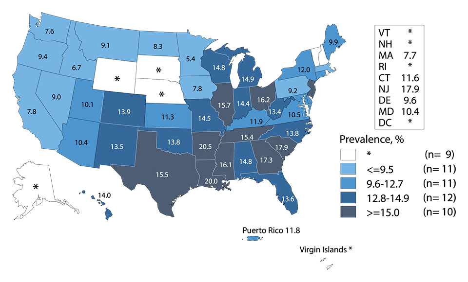 Figure L. United States map showing prevalence of chlamydia among women aged 16 to 24 years in the U.S. and outlying areas (Guam, Puerto Rico, and Virgin Islands) during 2015 entering the National Job Training Program (NJTP) by state of residence.