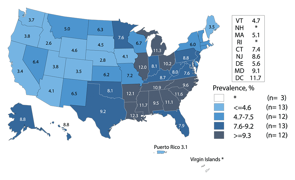 Figure M. United States map showing prevalence of chlamydia among men aged 16 to 24 years in the U.S. and outlying areas (Guam, Puerto Rico, and Virgin Islands) during 2015 entering the National Job Training Program (NJTP) by state of residence.
