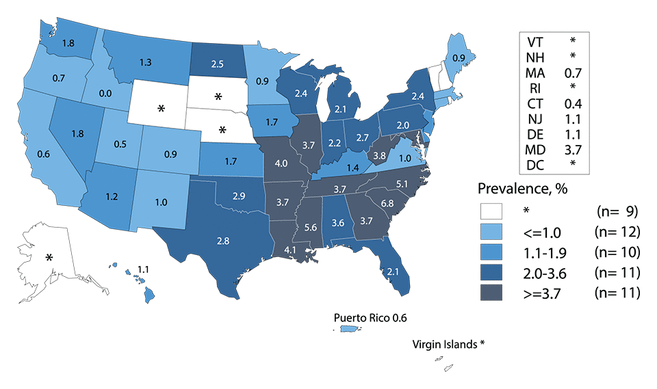 Figure N. United States map showing prevalence of gonorrhea among women aged 16 to 24 years in the U.S. and outlying areas (Guam, Puerto Rico, and Virgin Islands) during 2015 entering the National Job Training Program (NJTP) by state of residence.