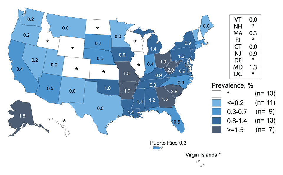 Figure O. United States map showing prevalence of gonorrhea among men aged 16 to 24 years in the U.S. and outlying areas (Guam, Puerto Rico, and Virgin Islands) during 2015 entering the National Job Training Program (NJTP) by state of residence.
