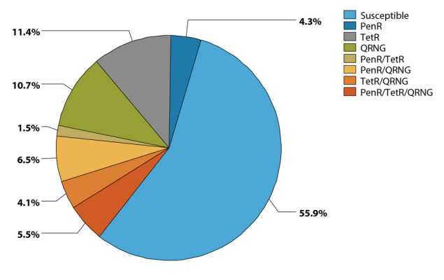 Figure 28. Pie chart showing the distribution of Neisseria gonorrhoeae Isolates with penicillin, tetracycline, and/or ciprofloxacin resistance in 2016. Data from the Gonococcal Isolate Surveillance Project (GISP). The data represented in this figure can be downloaded at www.cdc.gov/std/stats16/figures/OtherFigureData.zip.
