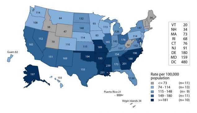 Figure 15. United States map showing rates of reported cases of gonorrhea in 2016 by state and outlying Areas (Guam, Puerto Rico, and Virgin Islands). Data provided in table 14.