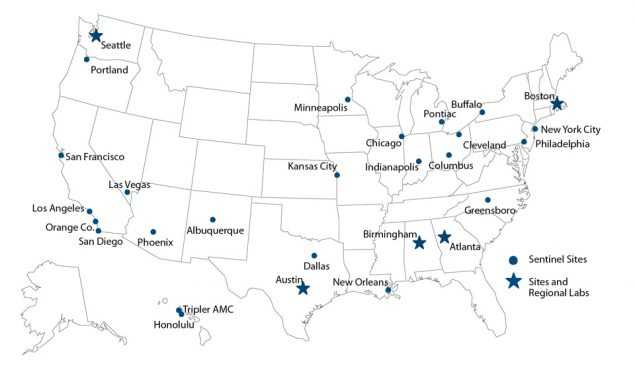 Figure 25. United States map showing the location of sentinel sites and regional laboratories participating in the Gonococcal Isolate Surveillance Project (GISP) in 2016.