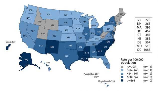 Figure 3. United States map showing rates of reported cases of chlamydia in 2016 by state and outlying areas (Guam, Puerto Rico, and Virgin Islands). Data provided in table 3. 
