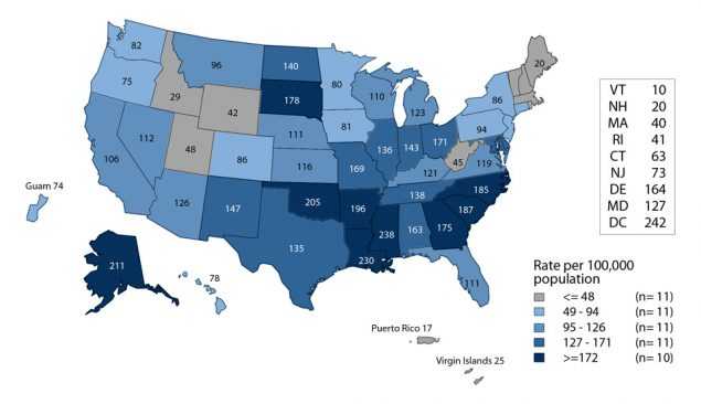 Figure E. United States map showing rates of reported cases of gonorrhea among women in 2016 by state and outlying areas (Guam, Puerto Rico, and Virgin Islands). Data provided in table 15.