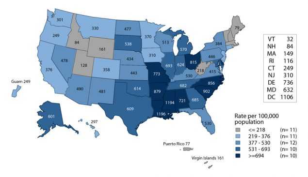Figure L. United States map showing rates of reported cases of gonorrhea among women aged 15 to 24 years in 2016 by state and outlying areas (Guam, Puerto Rico, and Virgin Islands). The data represented in this figure can be downloaded at www.cdc.gov/std/stats16/figures/OtherFigureData.zip.