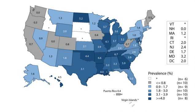 Figure P. United States map showing prevalence of gonorrhea among women aged 16 to 24 years in the United States and outlying areas (Guam, Puerto Rico, and Virgin Islands) entering the National Job Training Program (NJTP) in 2016 by state of residence. The data represented in this figure can be downloaded at www.cdc.gov/std/stats16/figures/OtherFigureData.zip.