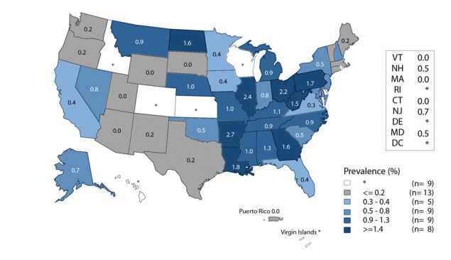 Figure Q. United States map showing prevalence of gonorrhea among men aged 16 to 24 years in the United States and outlying areas (Guam, Puerto Rico, and Virgin Islands) entering the National Job Training Program (NJTP) in 2016 by state of residence. The data represented in this figure can be downloaded at www.cdc.gov/std/stats16/figures/OtherFigureData.zip.