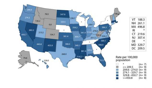 Figure Y. United States map showing estimated rates of reported cases of primary and secondary syphilis among MSM in 2016 by state. The data represented in this figure can be downloaded at www.cdc.gov/std/stats16/figures/OtherFigureData.zip.