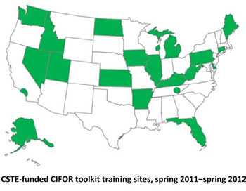 This is a United States map highlighting CSTE-funded CIFOR toolkit training sites for spring 2011 to spring 2012. The sites are Alaska, Arkansas, Connecticut, Delaware, Florida, Idaho, Illinois, Iowa, Kansas, Kentucky, Knox County (Tennessee), Los Angeles, Maine, Michigan, Milwaukee (Wisconsin), Nevada, North Dakota, Pennsylvania, Utah, Washington (state), and West Virginia.
