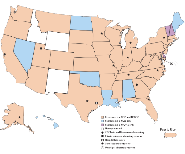 Figure 1. NESS Reporters and States from which EV- or HPeV-positive results Were Reported Between 2009 and 2012