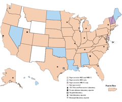 CDC national enterovirus surveillance system or NESS Reporters and States from which EV- or HPeV-positive results Were Reported Between 2009 and 2012
