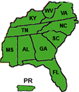 Image of the Southeastern states of the U.S. in green.