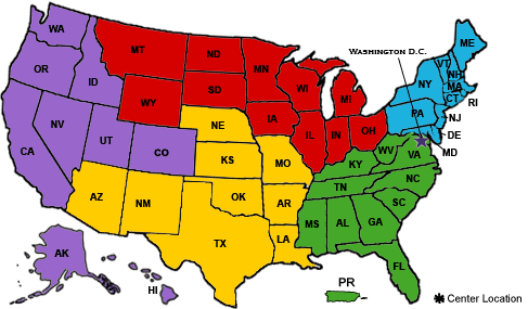 Map of the United States spilt into 4 color coded regions. 