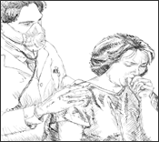 Dibujo de un médico con mascarilla tratando una paciente con la infección de tuberculosis.