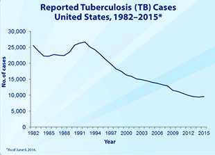 A total of 9,557 TB cases (a rate of 3.0 cases per 100,000 persons) were reported in the United States in 2015. This represents a 1.6% increase in the number of TB cases compared to cases reported in 2014.  Twenty-seven states and the District of Columbia (DC) each reported an increase in TB cases from 2014.  Despite the increase in the number of cases, the TB incidence rate per 100,000 persons has remained relatively stable at approximately 3.0 since 2013.  