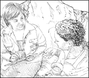 Drawing of a patient and a health care worker. 