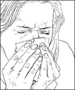 Drawing of a woman coughing into a tissue. 
