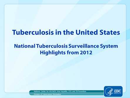 Slide 1 (title slide). Tuberculosis in the United States—National Tuberculosis Surveillance System, Highlights from 2012