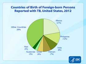 Slide 19. Countries of Birth of Foreign-born Persons Reported with TB, United States, 2012. Click here for larger image