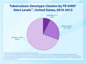 Slide 36. Tuberculosis Genotype Clusters by TB GIMS Alert Levels, United States, 2010-2012. Click here for larger image