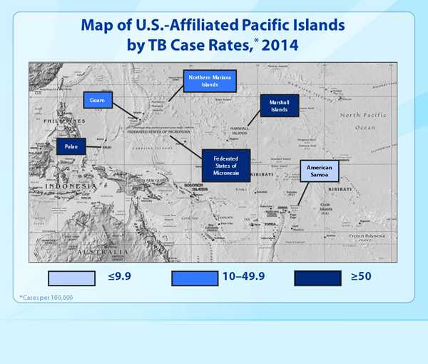 Slide 5. Map of U.S.-Affiliated Pacific Islands by TB Case Rates, 2014. This map of the Pacific region shows the case rates by jurisdiction.