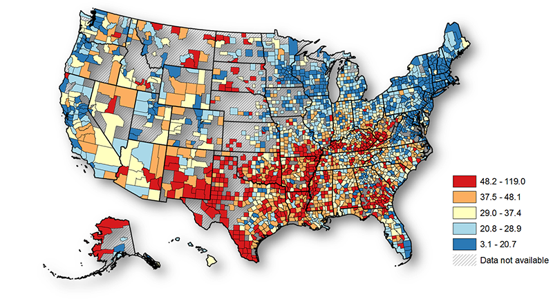 United States map of counties depicting teen birth rates per county by quintile.