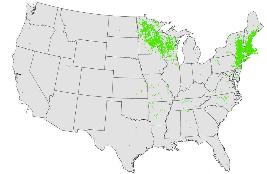 Map of the United Sates showing the cases of Anaplasmosis.  The cases are concentrated in the norht and northeastern part of the U.S.