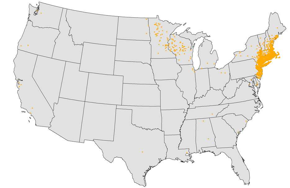 Map of the United Sates showing the cases of Babesiosis.  The cases are concentrated in the north and northeastern parts of the U.S.