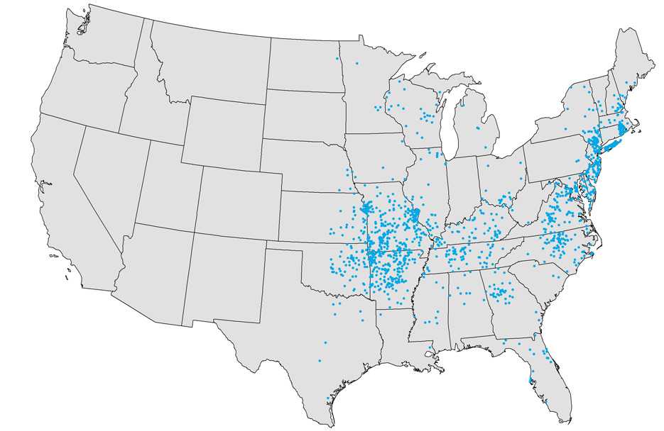 Map of the United Sates showing the cases of Ehrlichiosis.  The cases are concentrated in the eastern half of the U.S.