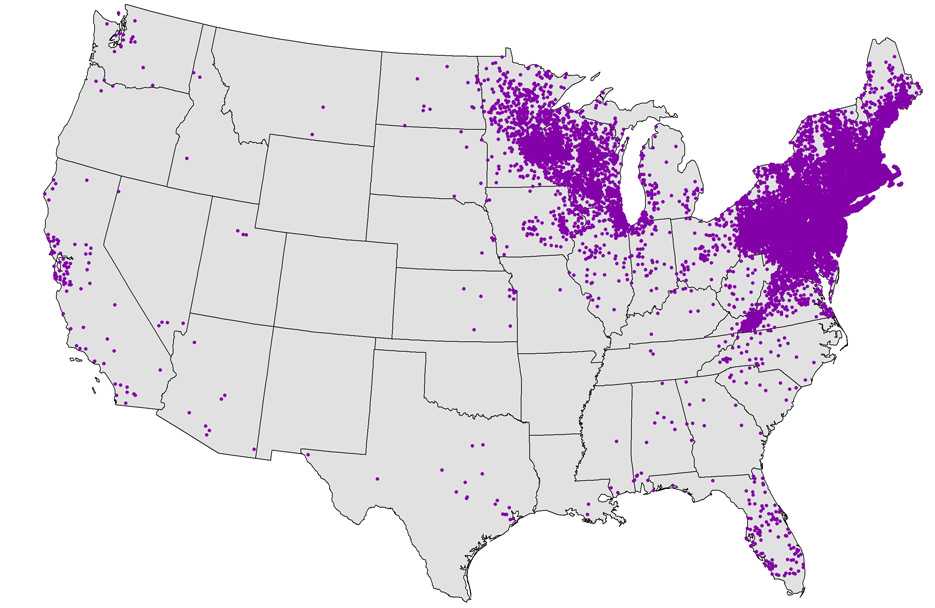 Map of the United Sates showing the cases of lyme disease.  The cases are concentrated in the north and northeast areas of the U.S.