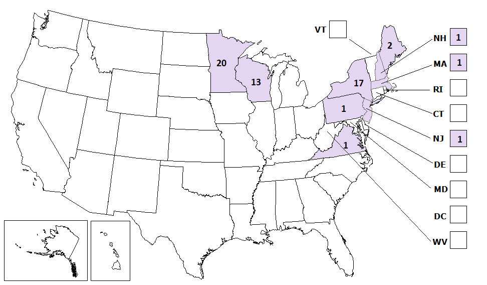 Map of the United States showing From 2001 through 2012, POWV neuroinvasive disease cases have been reported in Maine (2), Michigan (1), Minnesota (19), New York (13), Pennsylvania (1), Virginia (1), and Wisconsin (10).
