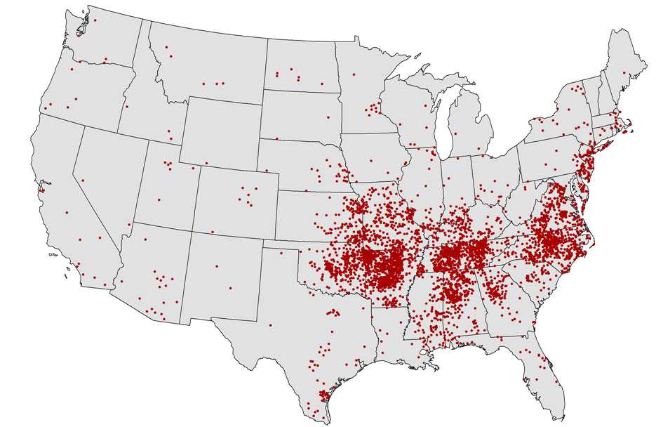 Map of the United Sates showing the cases of Rocky Mountain Spotted Fever.  The cases are concentrated in the eastern part of the U.S.