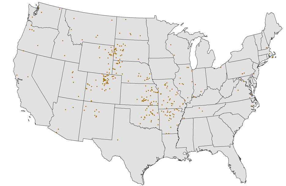 Map of the United Sates showing the cases of Tularemia