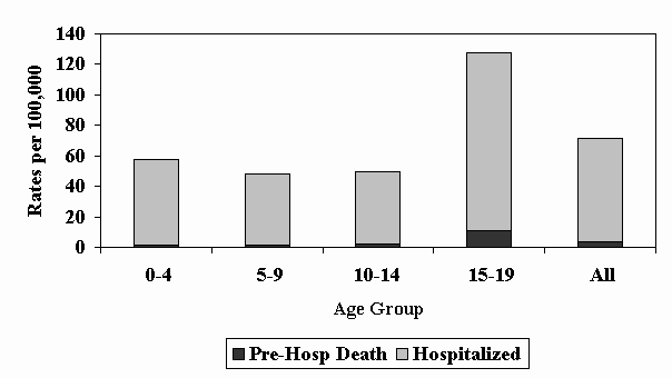 	Slide 3 - Figure 1: Rates of TBI in Children and Youth by Age Group & Care Level, 1997