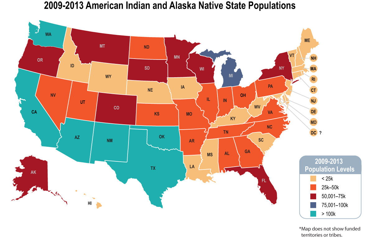 Map of American Indian and Alaska Native State Populations (2009–2013). States with 100,000: AZ, CA, NM, OK, TX, WA.