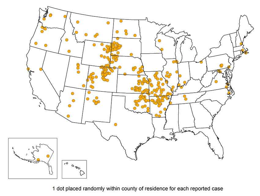 Map of the United States showing reported cases of Tularemia.  Cases has been reported from all states except Hawaii, but is most common in the south central United States, the Pacific Northwest, and parts of Massachusetts, including Martha's Vineyard