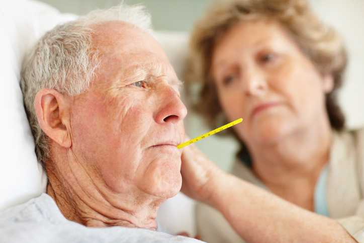 Elderly sick man in bed with a thermometer in his mouth.