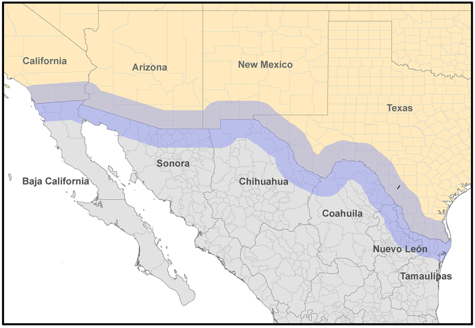 mapa de la La región fronteriza entre los Estados Unidos y México 