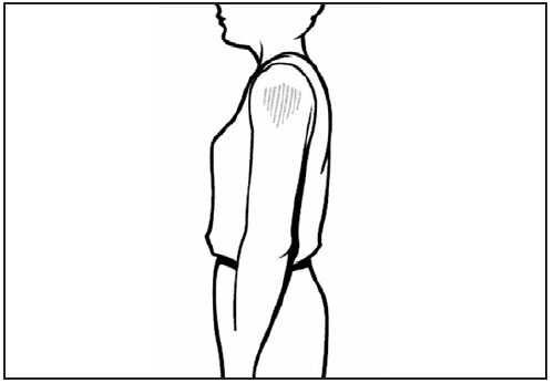 This line drawing is a side view of an adult. The deltoid muscle of the arm is shaded, showing the proper site for intramuscular vaccine administration.