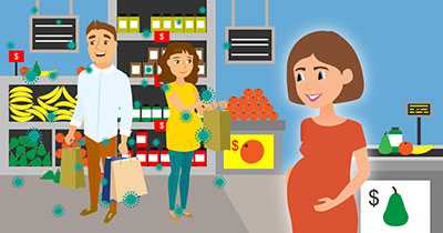 Los microbios aparecen en las personas, los alimentos y productos en un mercado, pero una mujer embarazada que está cerca está protegida contra los microbios.