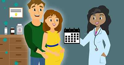 Un hombre, una mujer embarazada y un médico miran un calendario.